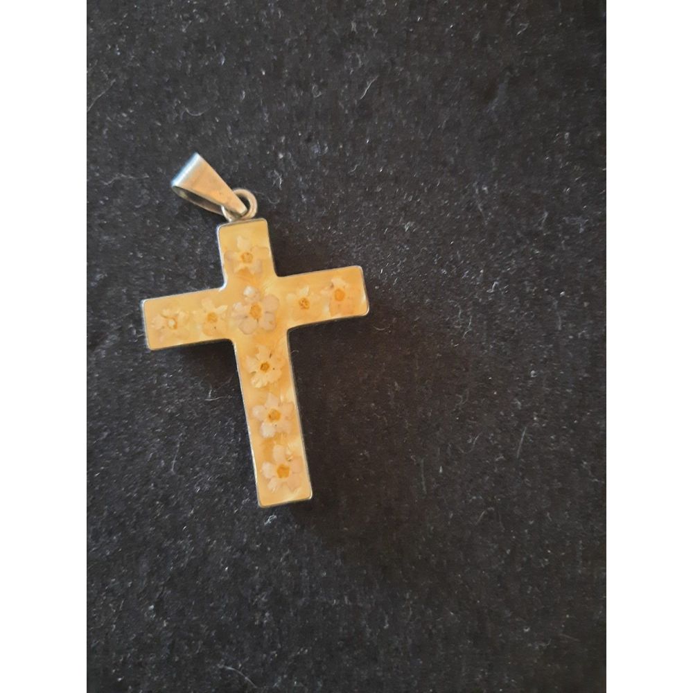 Vintage Sterling Silver 925 Handmade Resin Flower Cross Pendant
